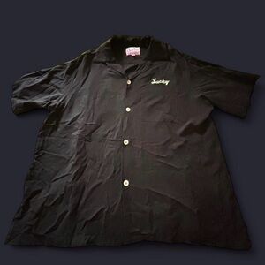 Lucky Brand Black Button-Up Shirt with Red Label and Pink Embroidery